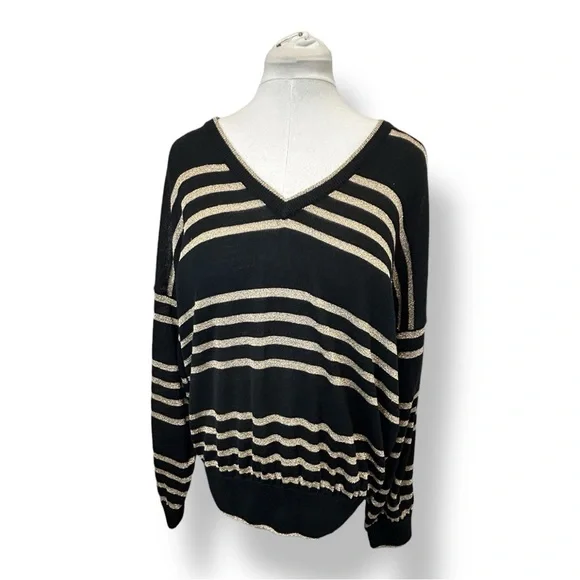 Laurette Women’s Striped V-Neck Sweater VTG Wool Blend Black/Metallic Gold 2X - Picture 1 of 11